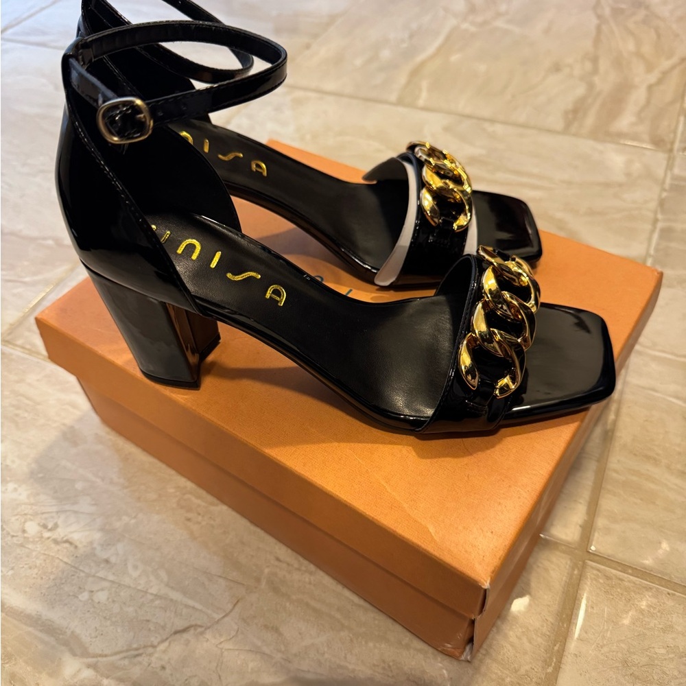 Unisa Glossy Black Heels with Gold Chain Detail